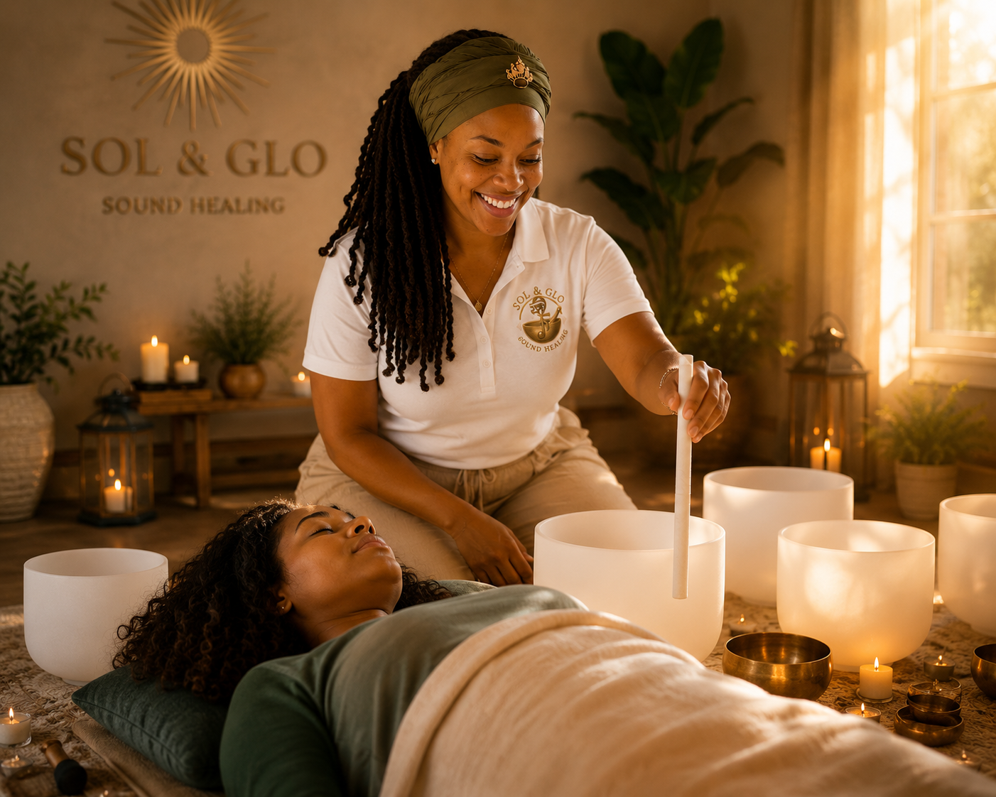 Founder of Sol & Glo performing a crystal singing bowl sound healing session with a client