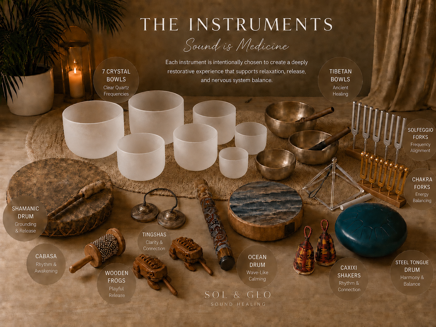 A curated collection of professional sound healing instruments used by Sol & Glo, including crystal singing bowls, Tibetan bowls, tuning forks, shamanic drum, ocean drum, and chimes