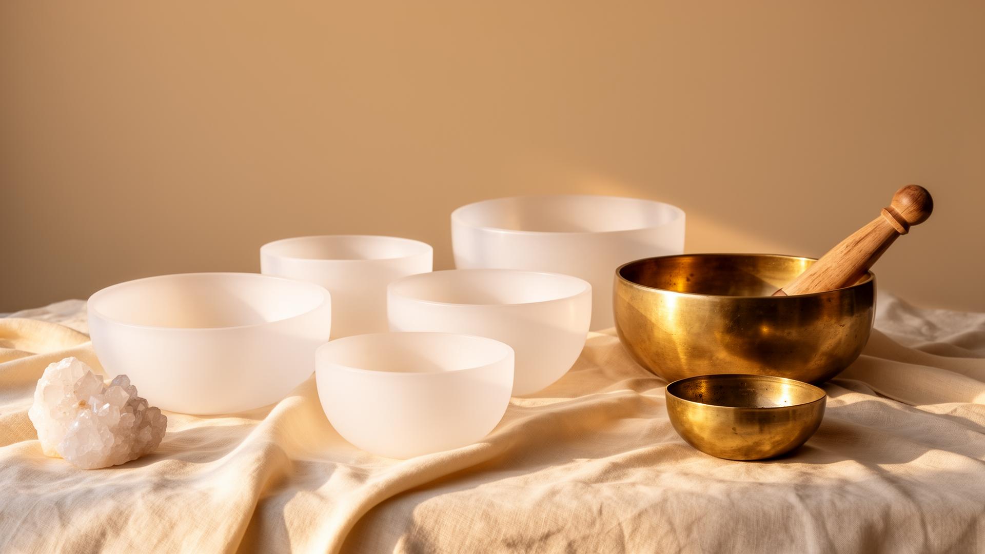 Crystal singing bowls on cream linen
